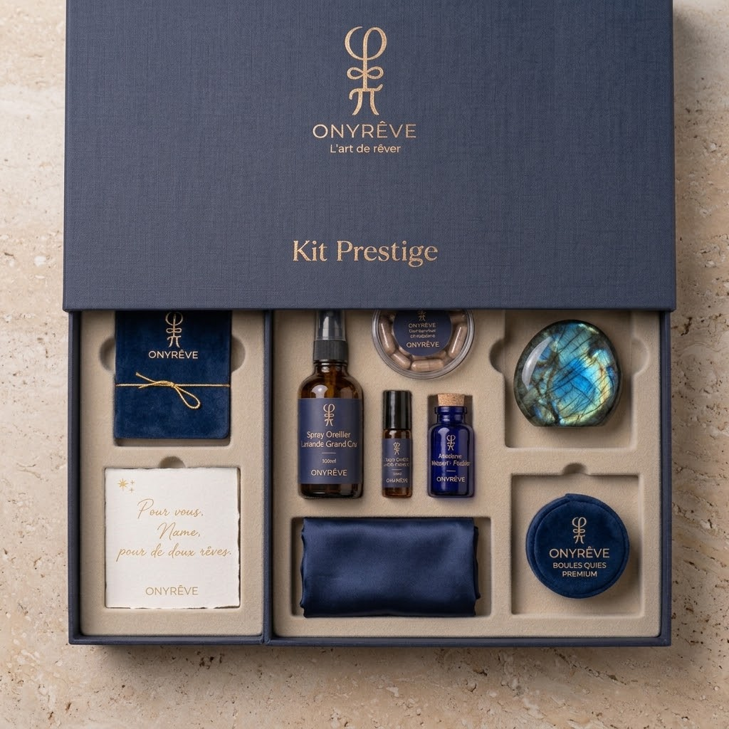 Coffret Kit Prestige ONYRÊVE avec masque de soie premium, boules Quies premium et labradorite