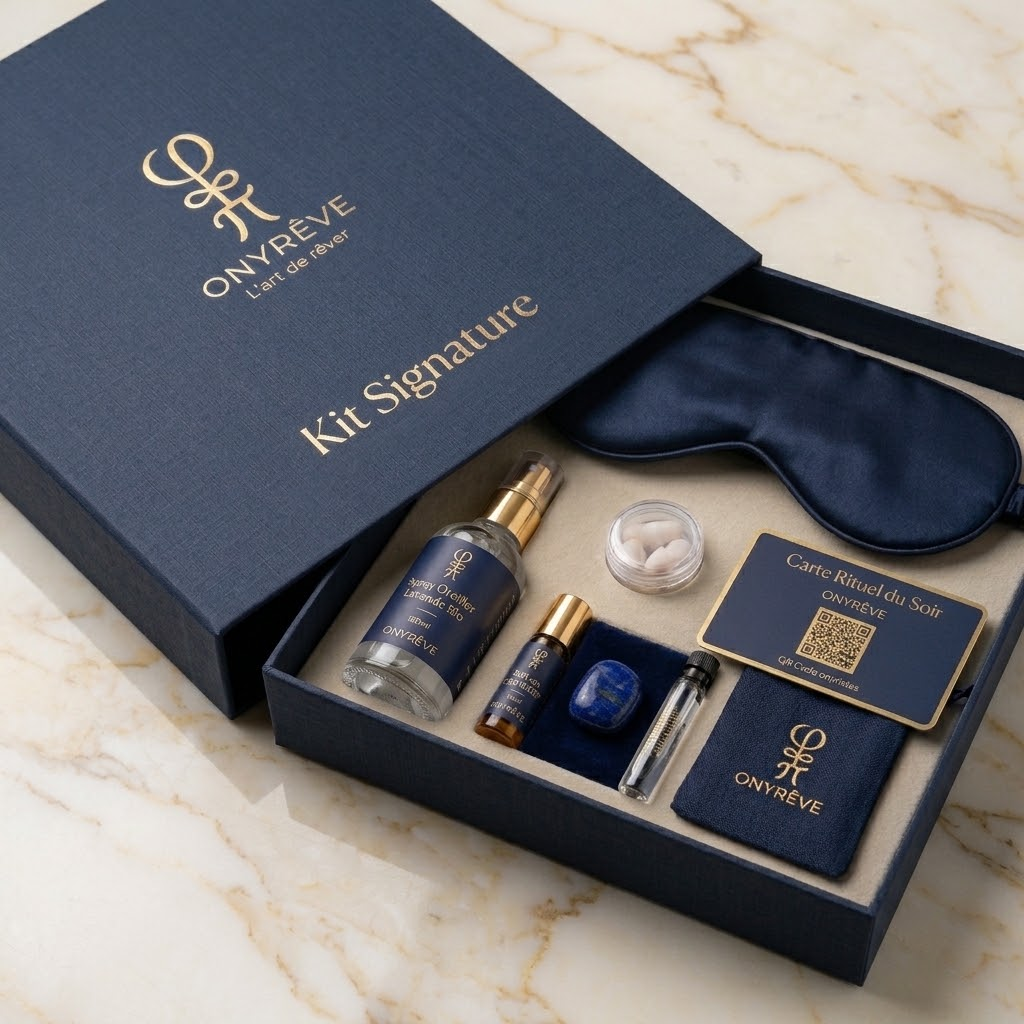 Coffret Kit Signature ONYRÊVE avec masque de soie, boules Quies, lapis-lazuli et carte rituel avec QR code